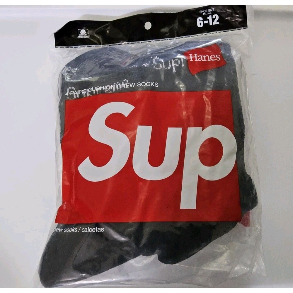 Supreme X Hanes Cushioned Crew 4 Pack Socks Black Size 6-12